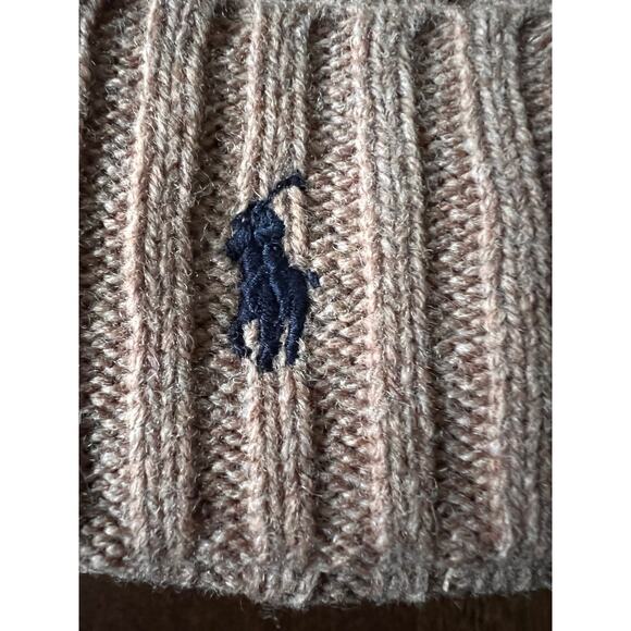 Polo Ralph Lauren Beanie Mens Camel Tan Navy Pony Wool Blend Rib Knit Cuffed NEW - Picture 2 of 3